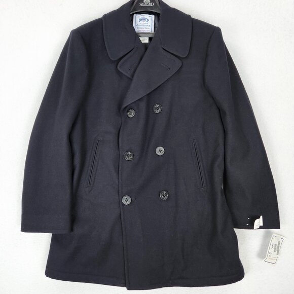 DSCP Coat Mens 44 Long Black Wool Double Breasted Quarterdeck Peacoat NEW - Picture 1 of 14